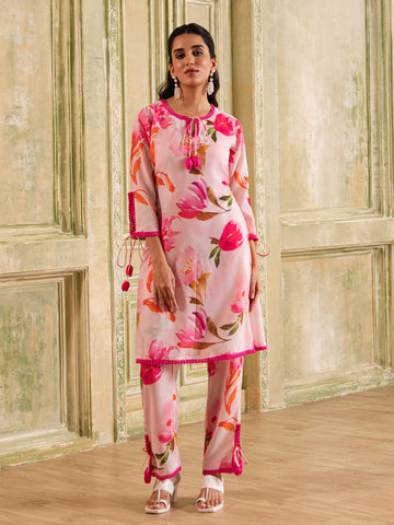 Pink Floral & Print Cotton Kurta Set