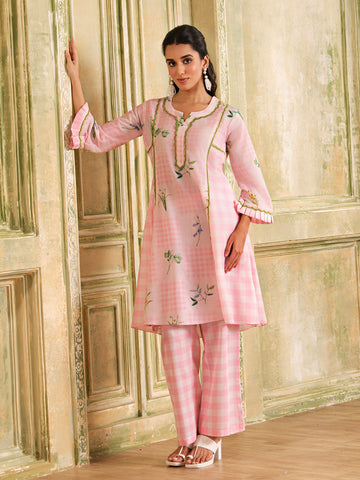 Pastel Pink Gingham & Floral Print A-Line Cotton Kurta Set