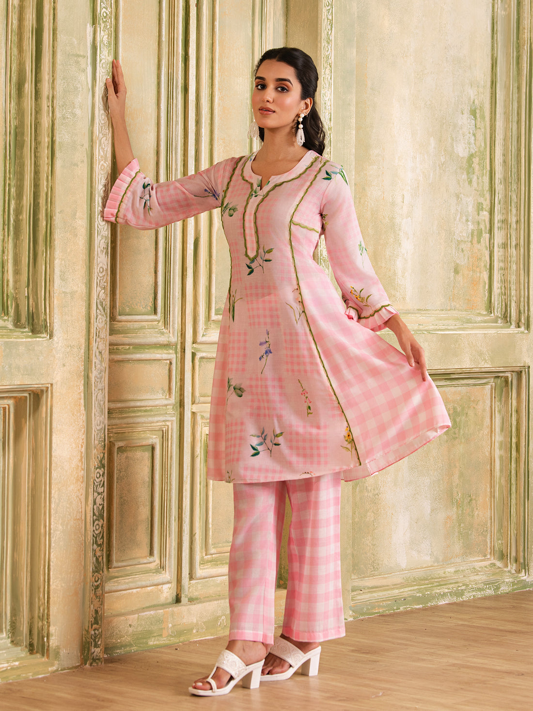 Pastel Pink Gingham & Floral Print A-Line Cotton Kurta Set