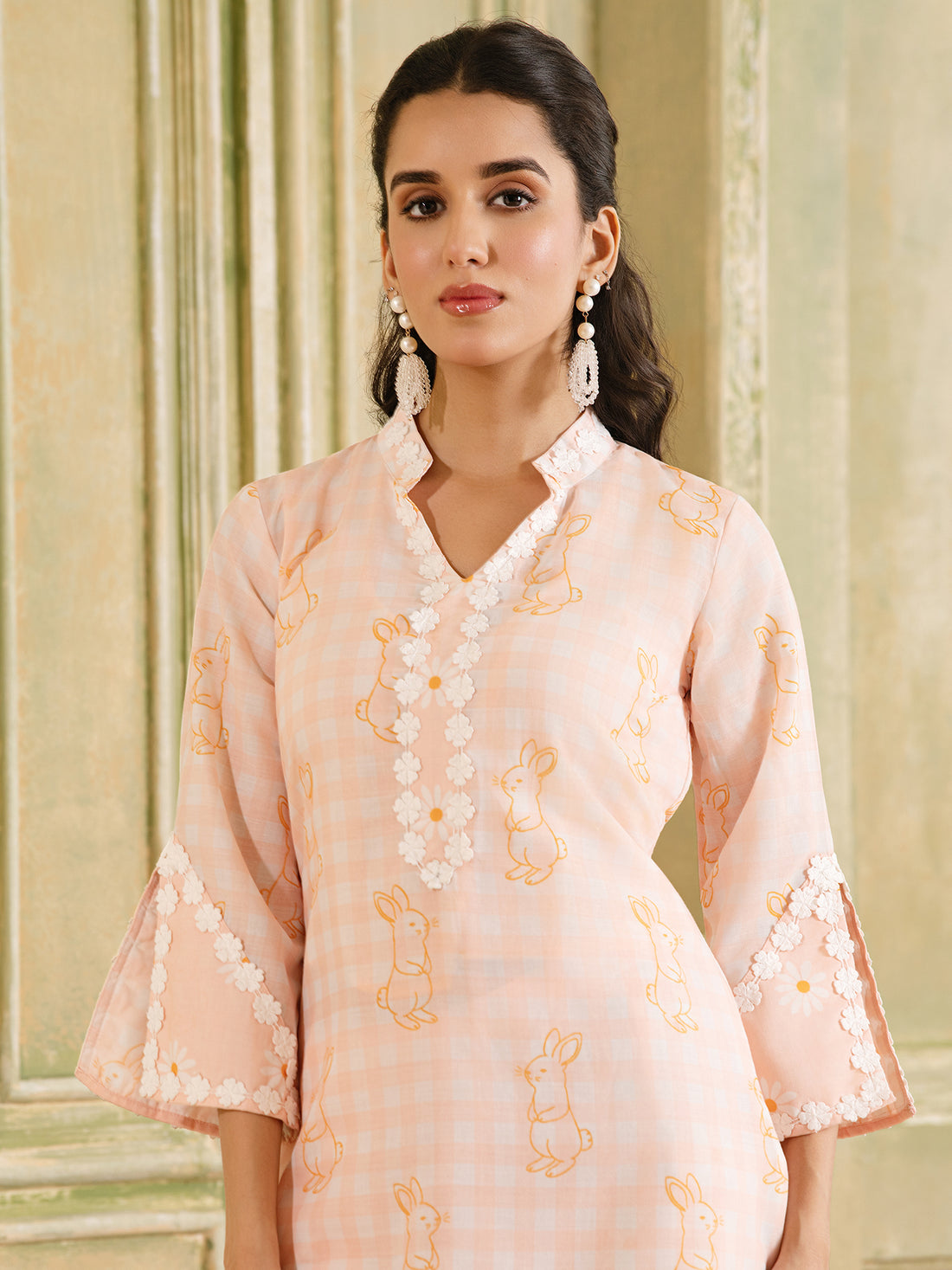 Peach Gingham & Bunnies Print Cotton Kurta Set
