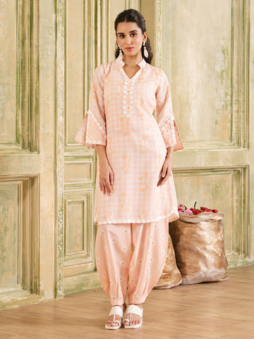 Peach Gingham & Bunnies Print Cotton Kurta Set