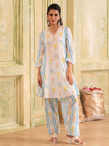White & Pastel Blue Floral Print A-line Cotton Kurta Set