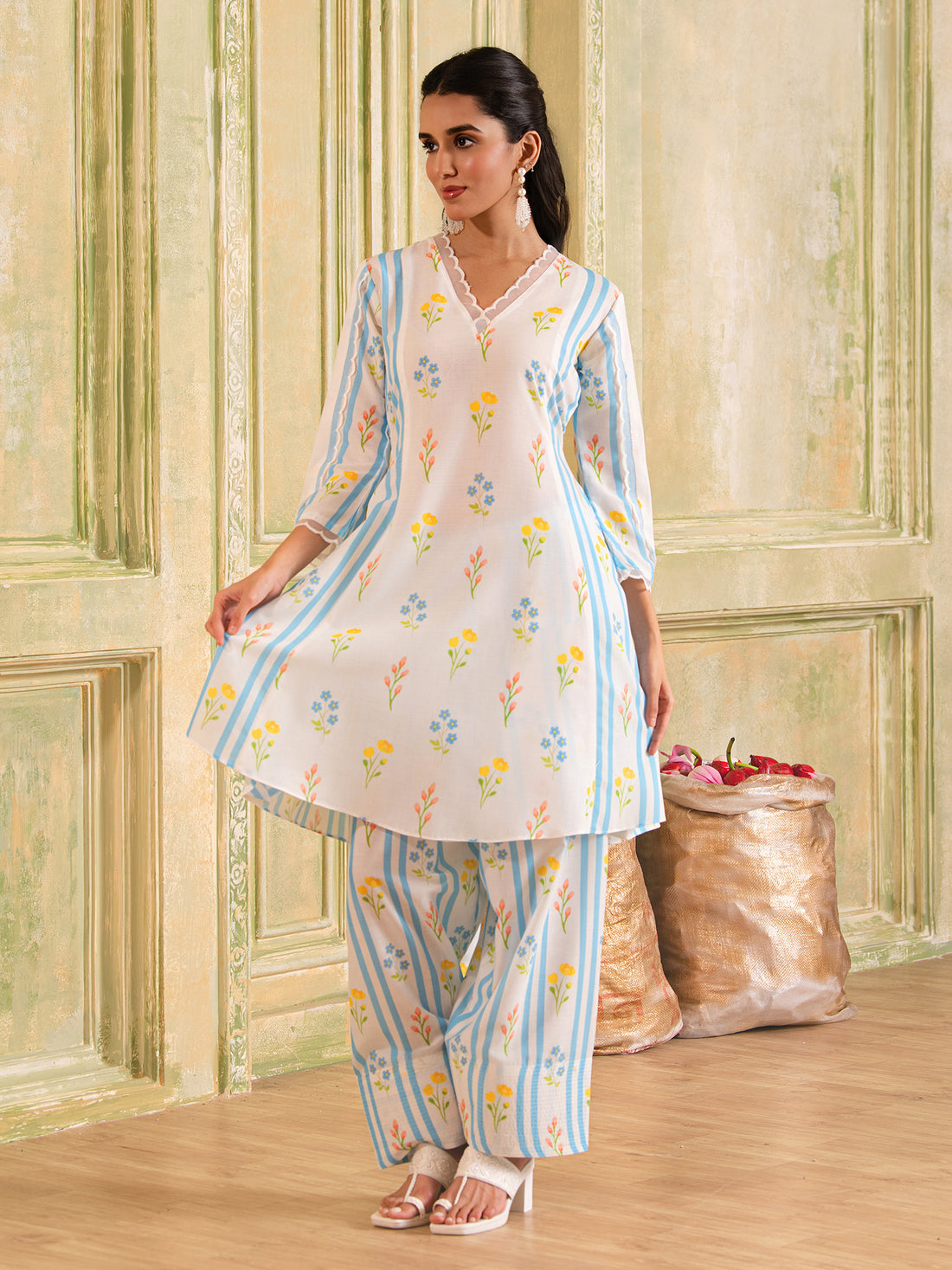 White & Pastel Blue Floral Print A-line Cotton Kurta Set