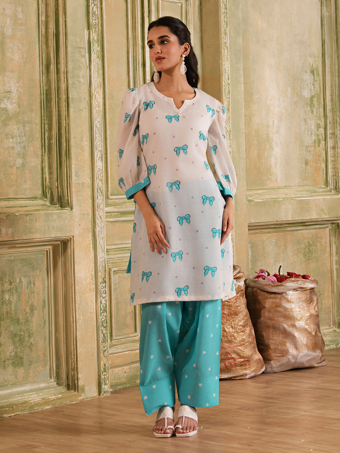 White & Pastel Blue Bows & Hearts Print Cotton Kurta Set