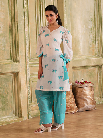 White & Pastel Blue Bows & Hearts Print Cotton Kurta Set