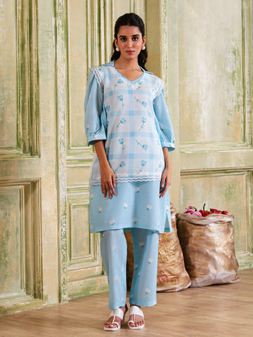 White & Powder Blue Tulip Print Cotton Kurta Set With Overlay Cape