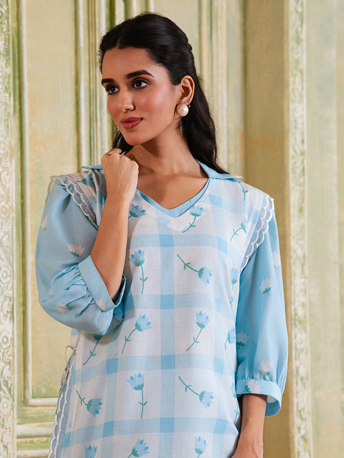 White & Powder Blue Tulip Print Cotton Kurta Set With Overlay Cape
