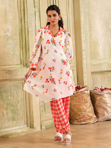 White & Red Checks & Floral Print Cotton Kurta Set
