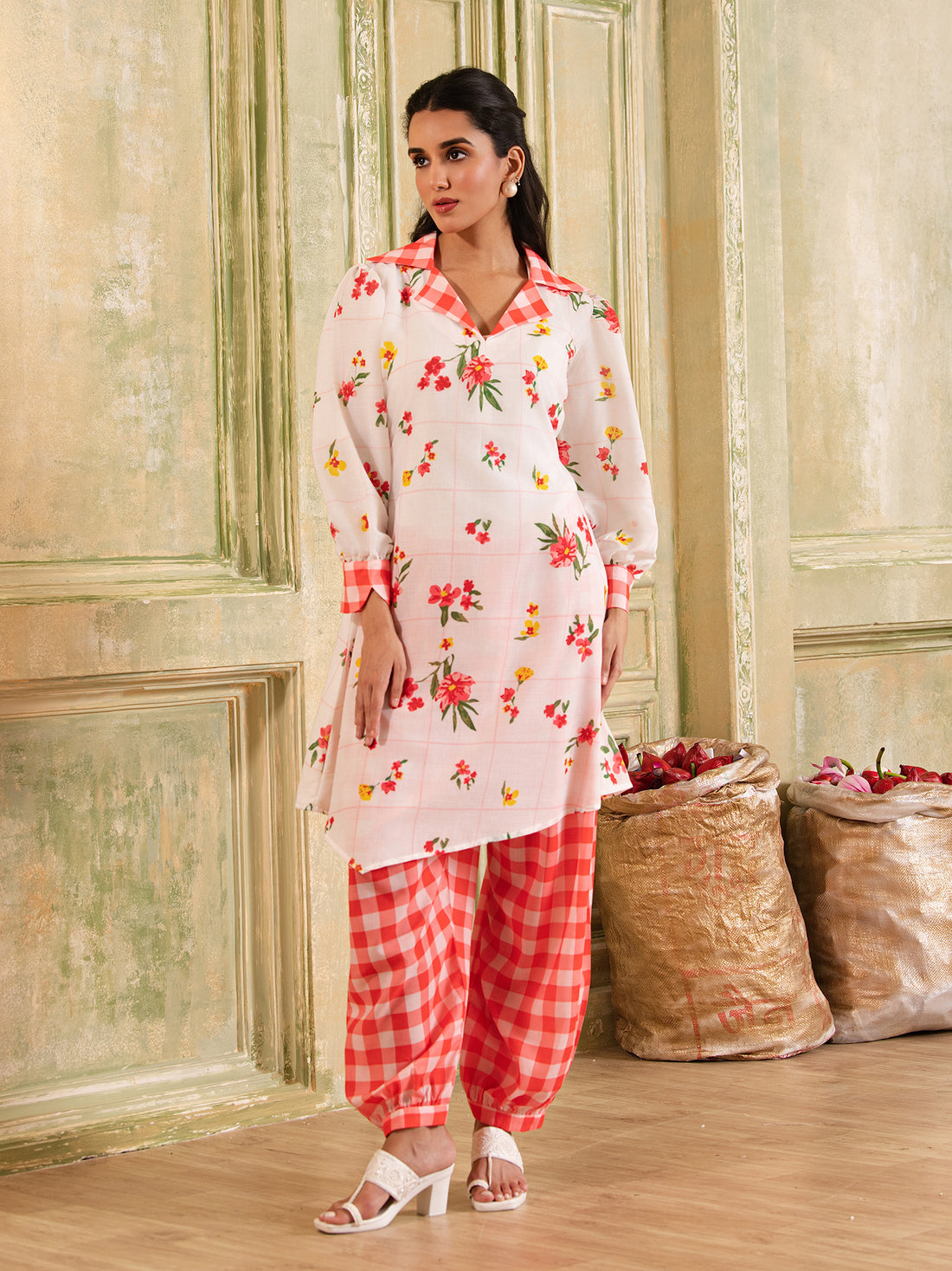 White & Red Checks & Floral Print Cotton Kurta Set