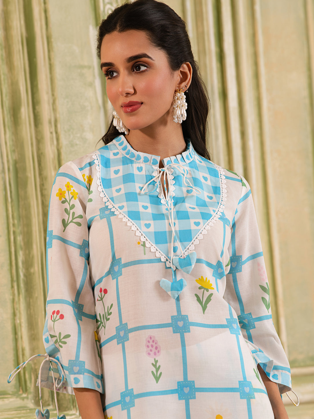 White & Pastel Blue Floral And Checks Print Cotton Kurta Set