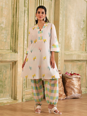 White & Pastel Shades Floral & Checks Print Cotton Kurta Set