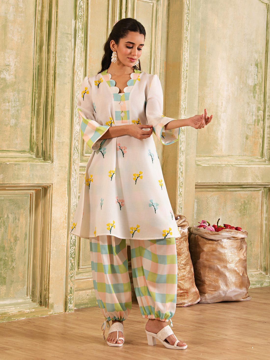White & Pastel Shades Floral & Checks Print Cotton Kurta Set