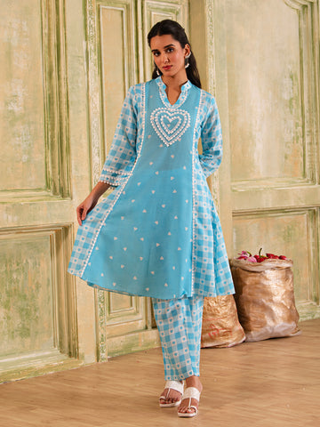 White & Pastel Blue Checks With Hearts Print Cotton Kurta Set