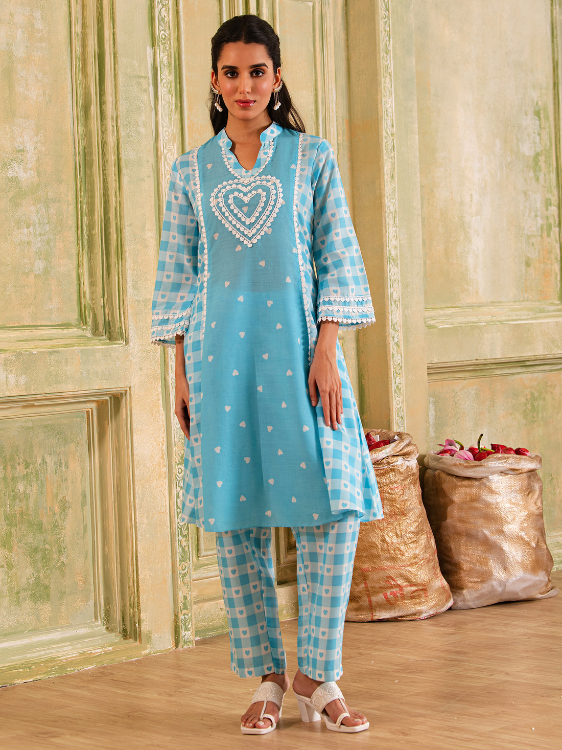 White & Pastel Blue Checks With Hearts Print Cotton Kurta Set