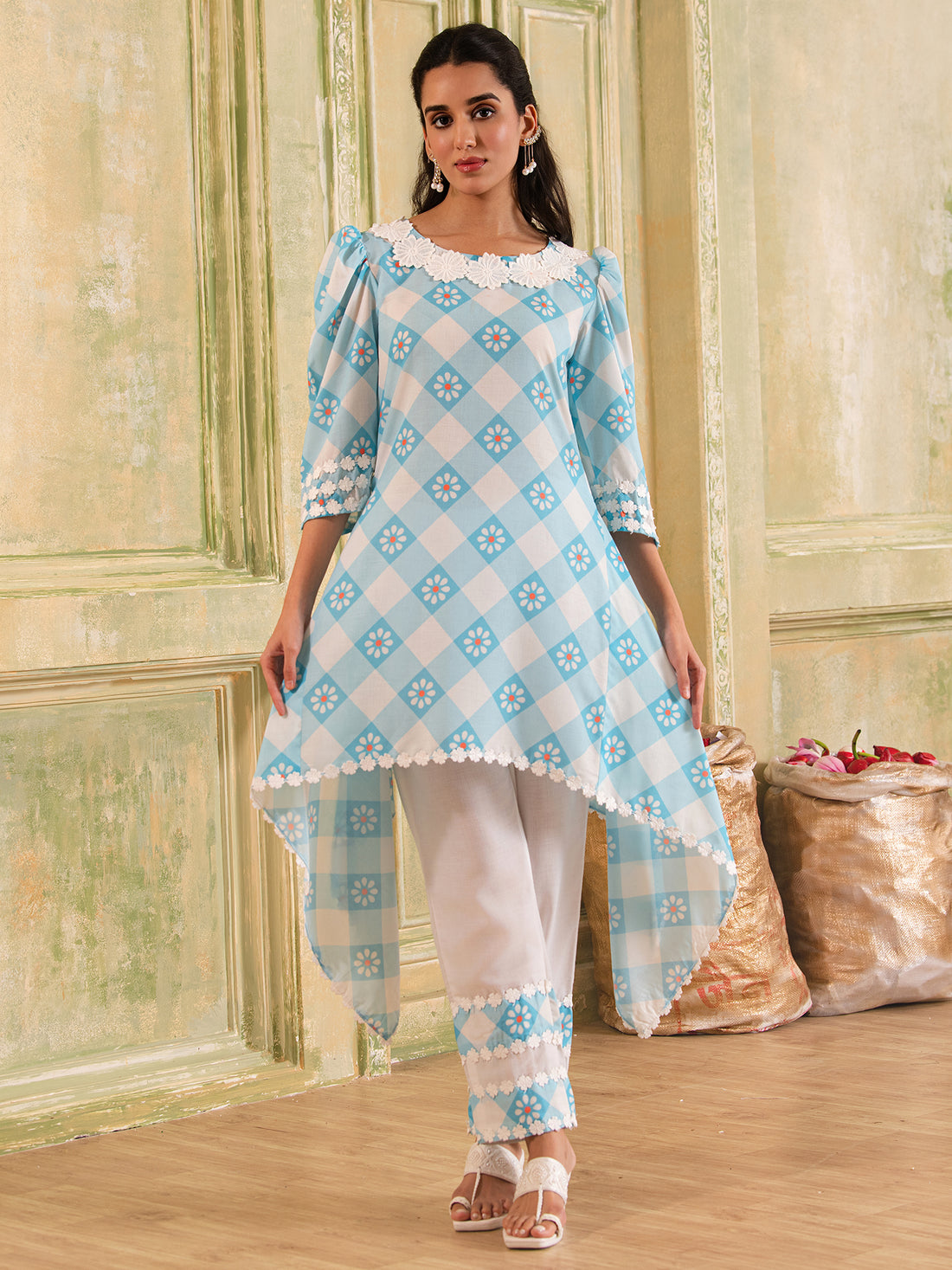 Pastel Blue Floral Checks Print  Cotton Kurta Set