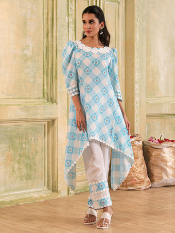Pastel Blue Floral Checks Print  Cotton Co-ord Set