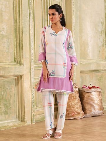 White Checks & Floral Print Cotton Kurta Set