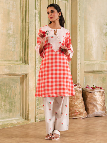 Red & White Gingham & Cherry Print A-line Cotton Kurta Set