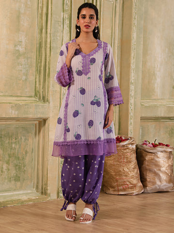 White & Purple Grapes & Polka Dot print A-line 2 piece Kurta Set