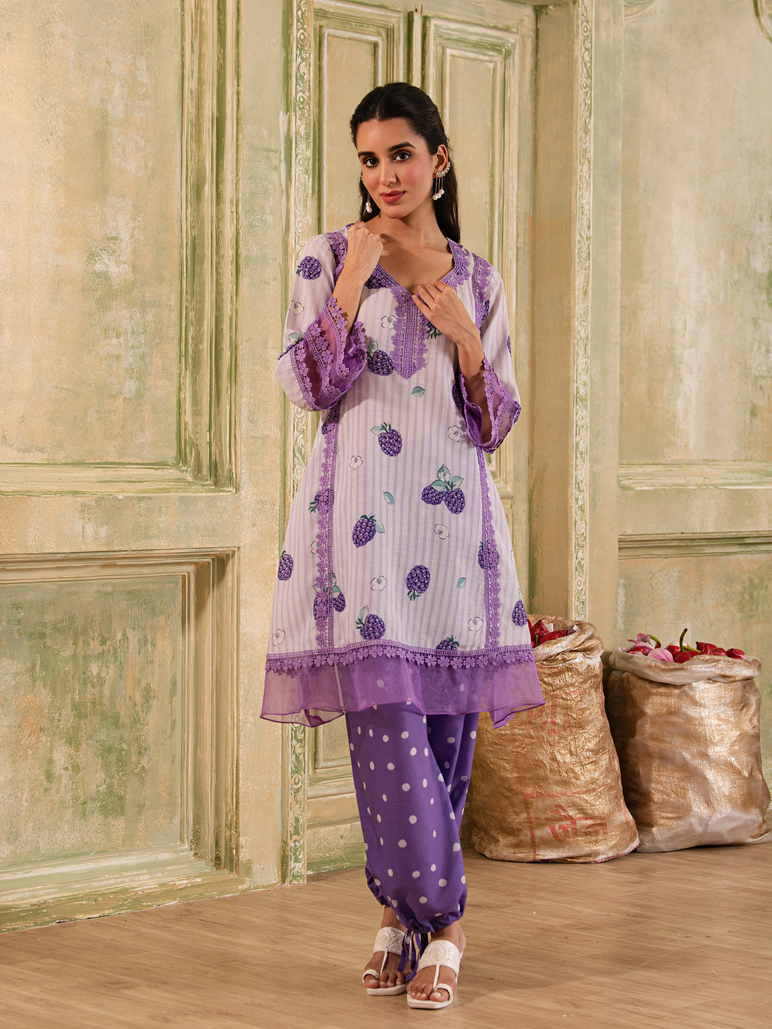 White & Purple Grapes & Polka Dot print A-line 2 piece Kurta Set