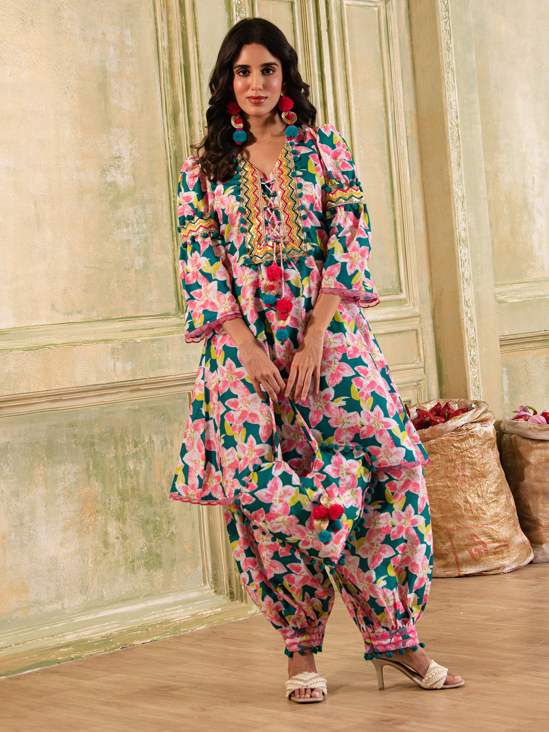 Foresty Green Floral Print Cotton Suit Set