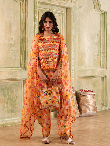 Glorious Peach & Tangerine Floral Print Cotton Suit Set with Embellished Cape