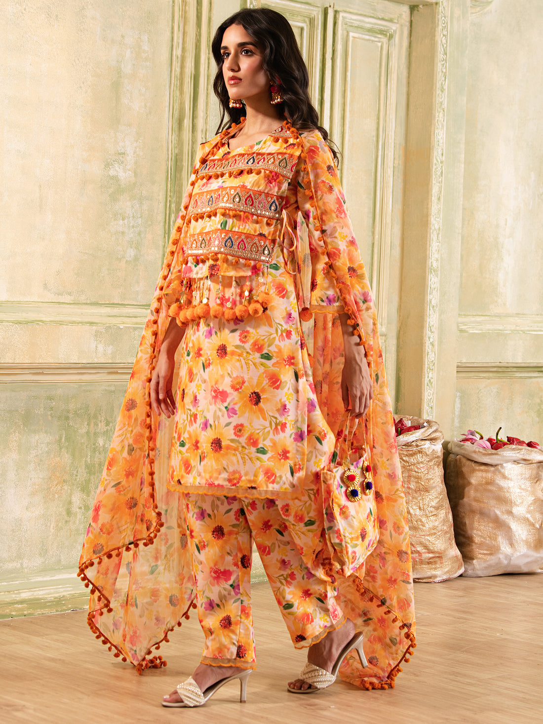 Glorious Peach & Tangerine Floral Print Cotton Suit Set with Embellished Cape