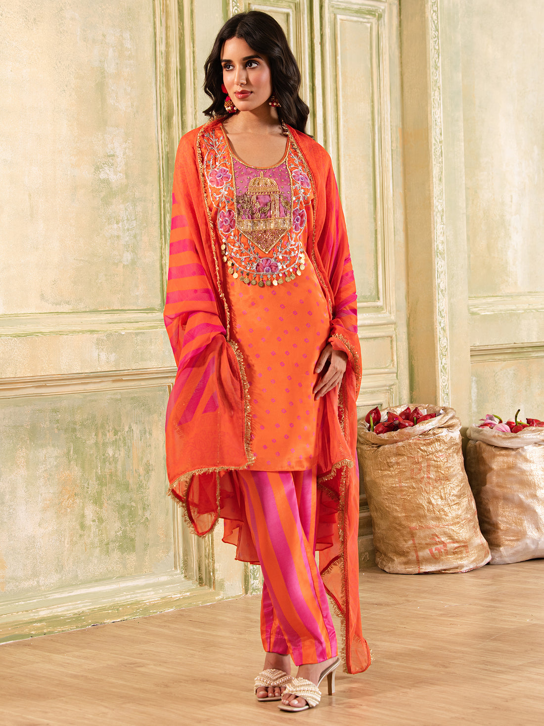 Sonchidiya Tangerine Hand Embroidered Silk crepe Suit set