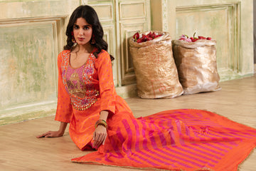Sonchidiya Tangerine Hand Embroidered Silk crepe Suit set
