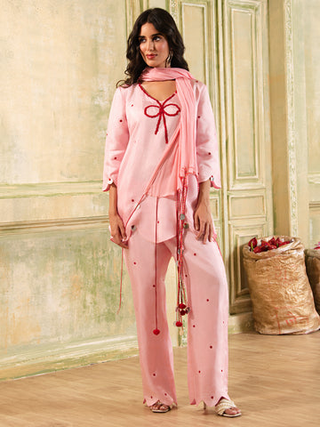 Pastel Pink Hand Embroidered Silk A-line Suit set