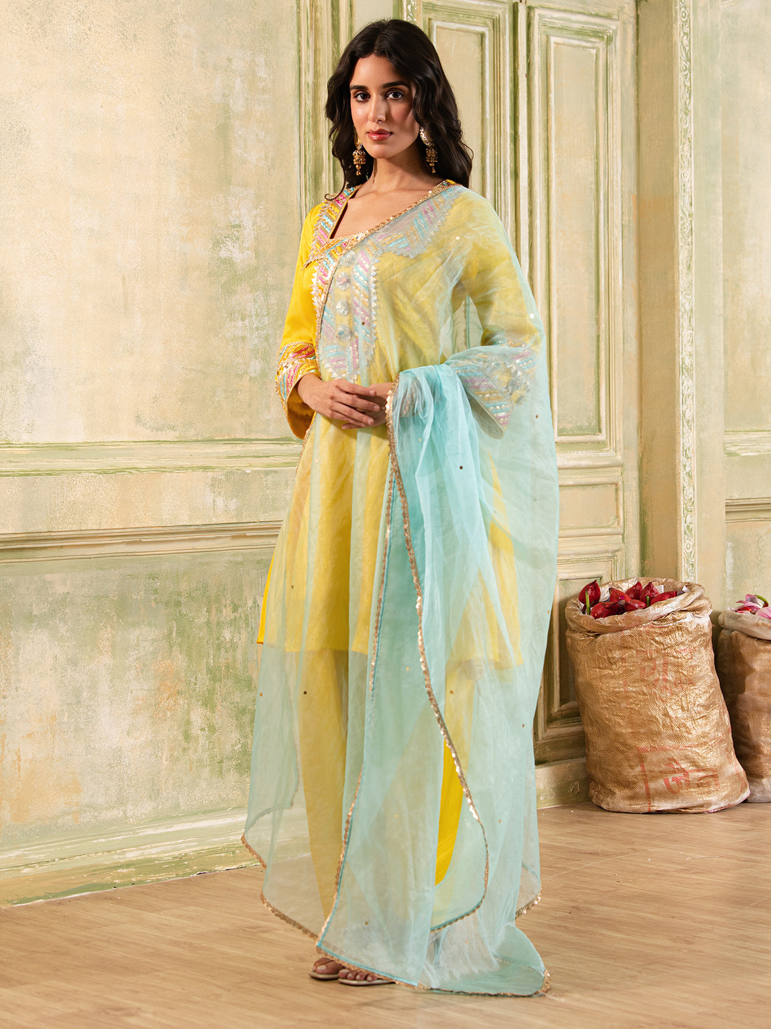 Sunhera Phool Yellow Silk A-line Suit Set