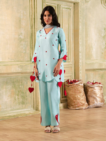Dil Ka Tukda Pastel Blue Hand Embroidered Silk A-line Suit set