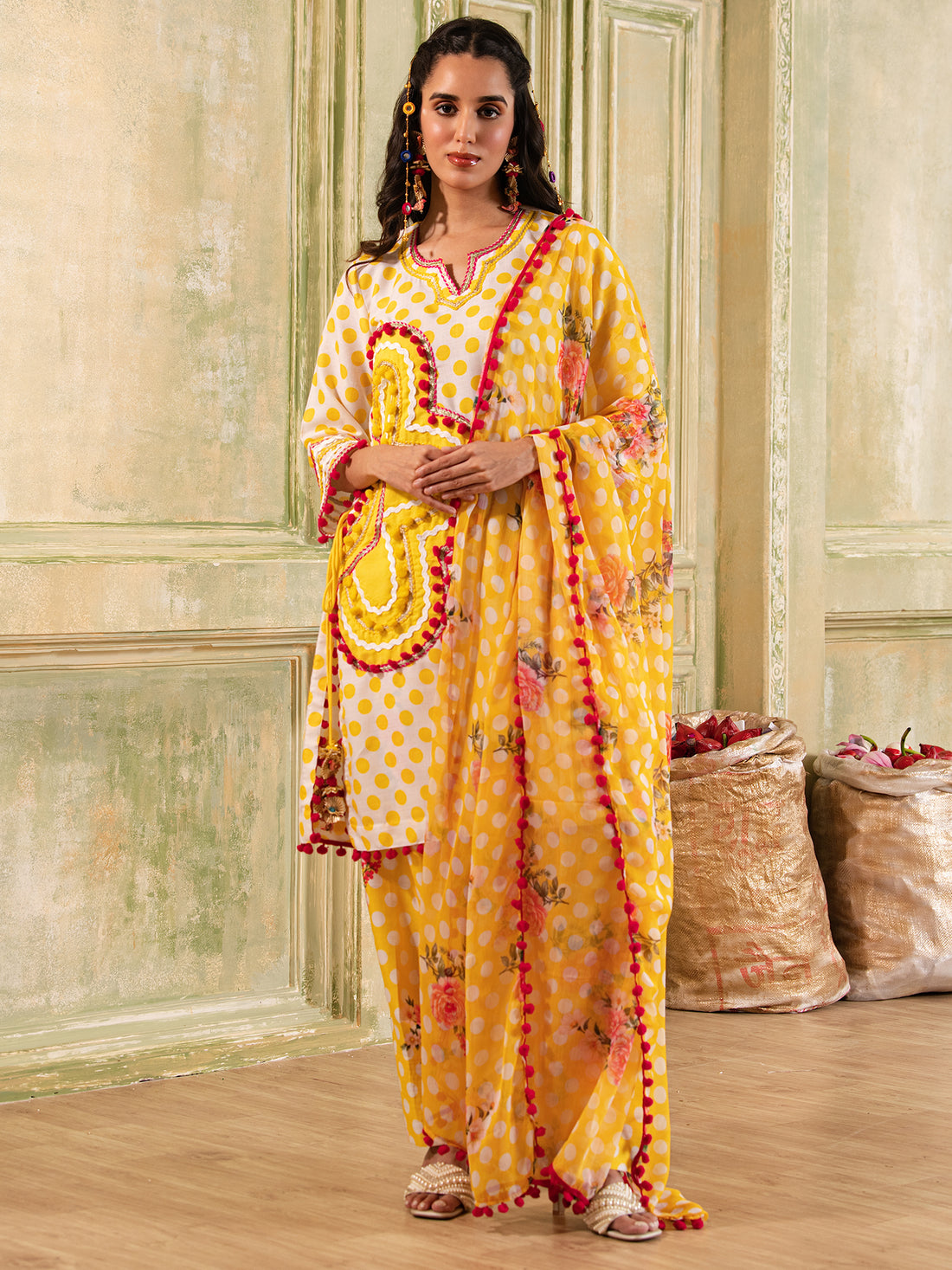 Magical White & Yellow Polka Dot Cotton Suit set