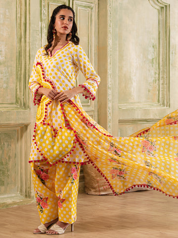 Magical White & Yellow Polka Dot Cotton Suit set