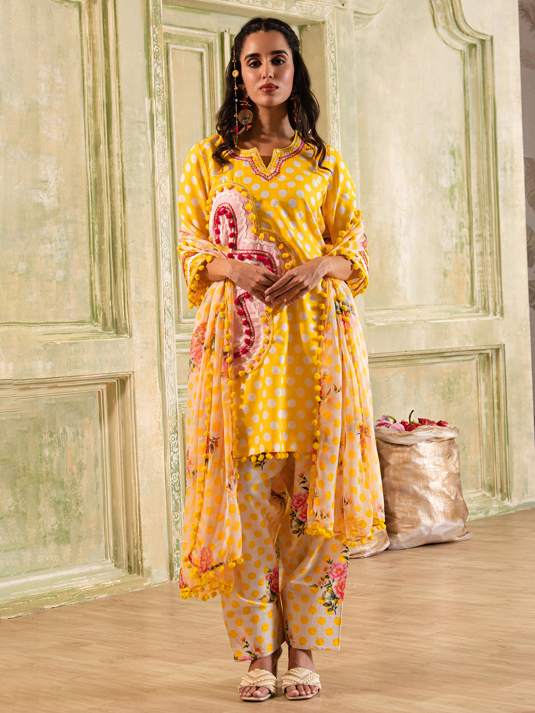Magical Yellow & White Polka Dot Cotton  Suit set
