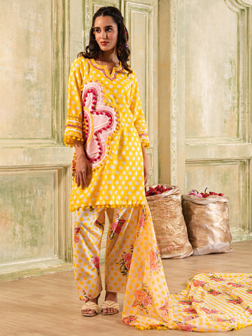 Magical Yellow & White Polka Dot Cotton  Suit set