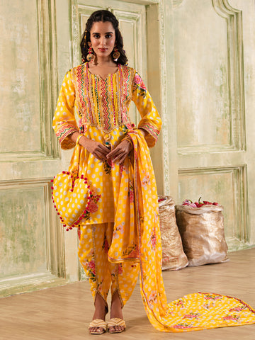 Yellow & White Polka Dot Cotton A-shape Suit with Embellished Dupatta