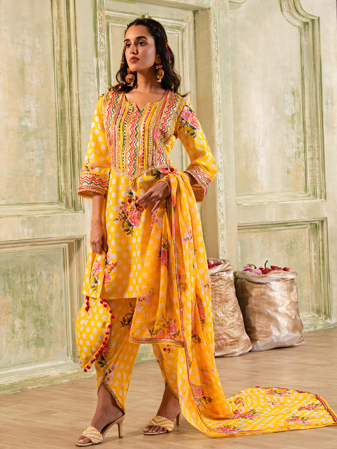 Yellow & White Polka Dot Cotton A-shape Suit with Embellished Dupatta