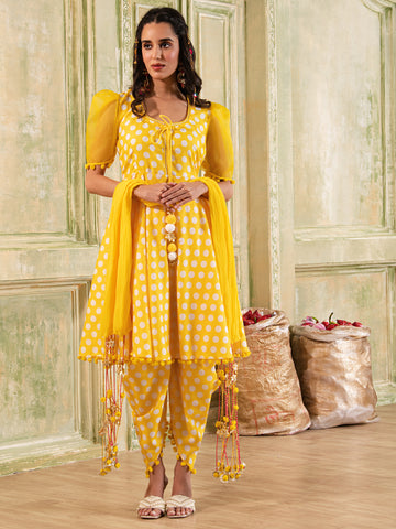Yellow Polka Dot Cotton A-shape Suit with Embellished Dupatta