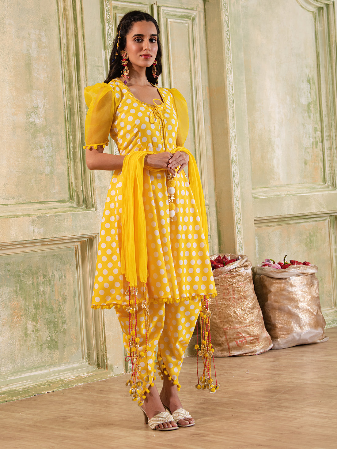 Yellow Polka Dot Cotton A-shape Suit with Embellished Dupatta
