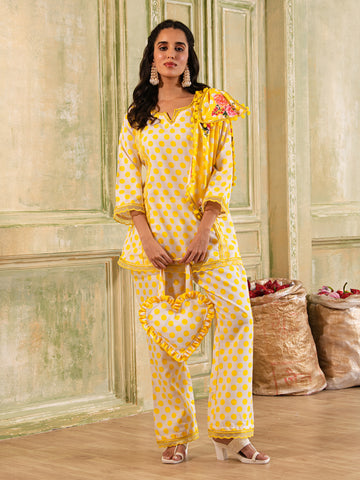Very Bowlicious White & Yellow Polka Dot Cotton A-shape Coord set