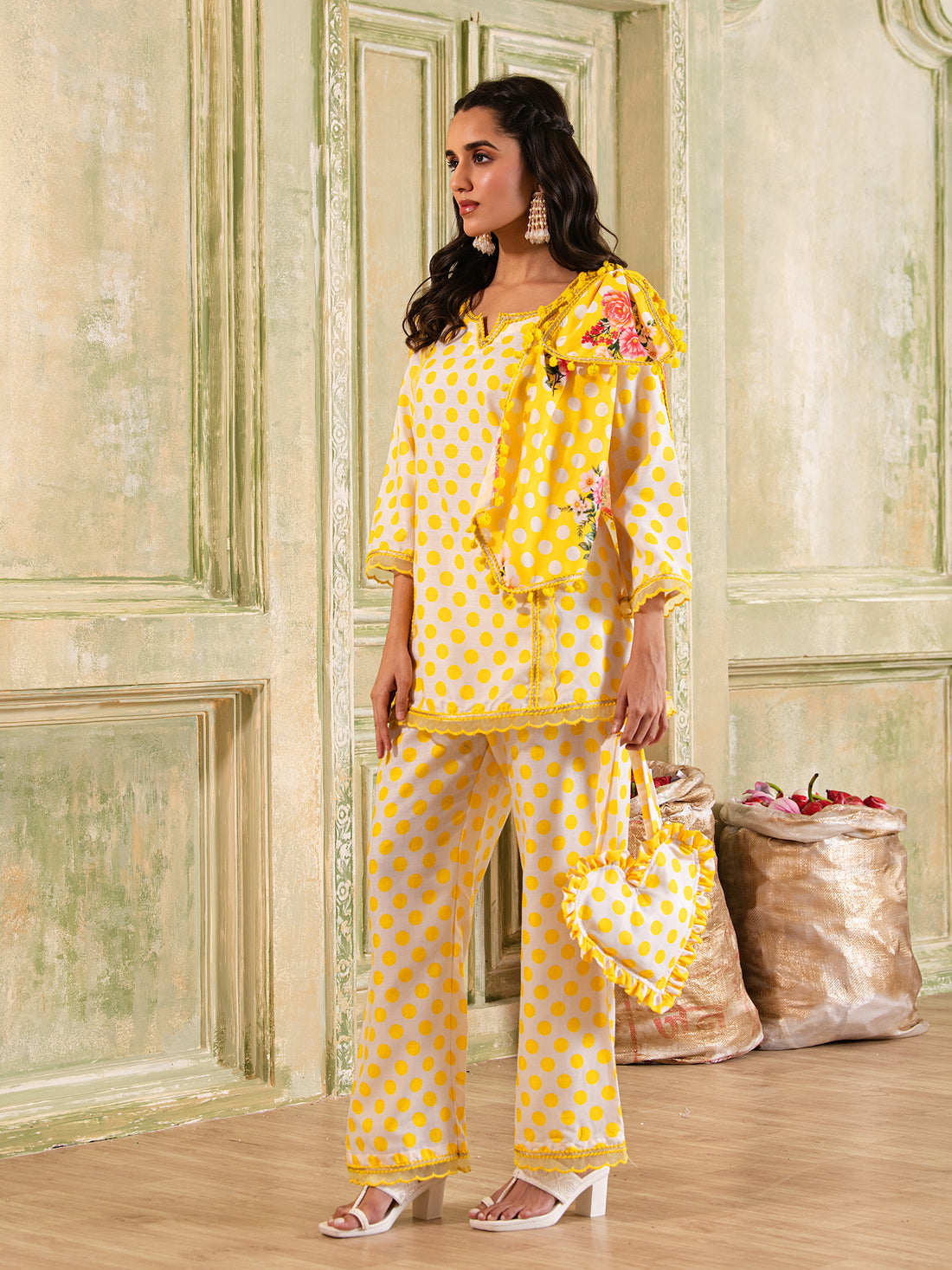 Very Bowlicious White & Yellow Polka Dot Cotton A-shape Coord set