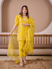 Yellow Raw Silk Suit With Hand Embroidery