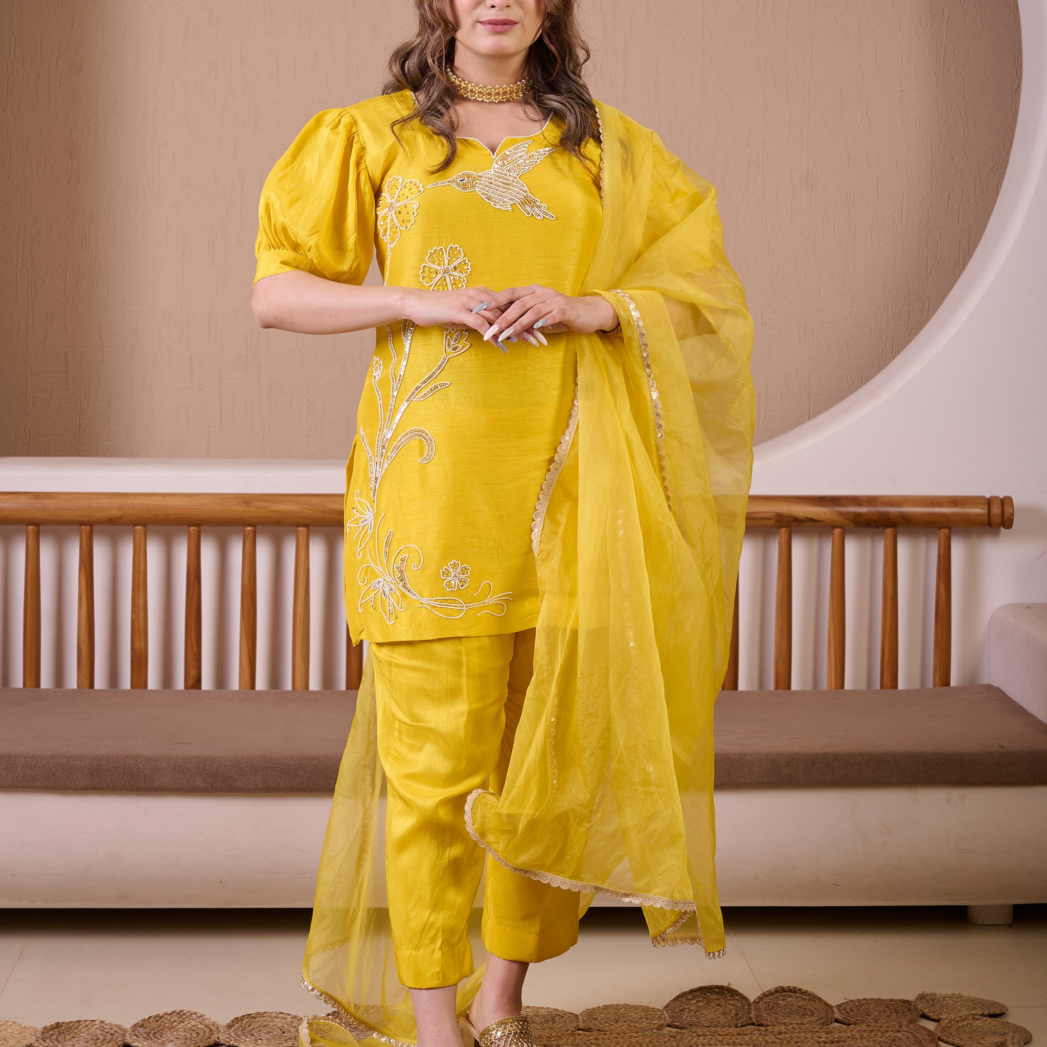 Yellow Raw Silk Suit With Hand Embroidery