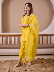 Yellow Raw Silk Suit With Hand Embroidery