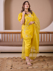 Yellow Raw Silk Suit With Hand Embroidery