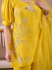 Yellow Raw Silk Suit With Hand Embroidery