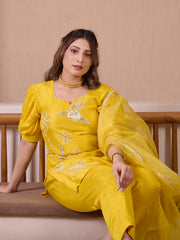 Yellow Raw Silk Suit With Hand Embroidery