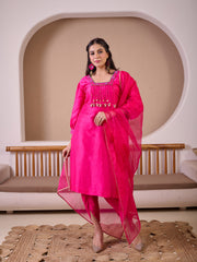 Fuchsia Pink Raw Silk Suit With Hand Embroidery