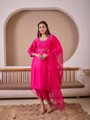 Fuchsia Pink Raw Silk Suit With Hand Embroidery